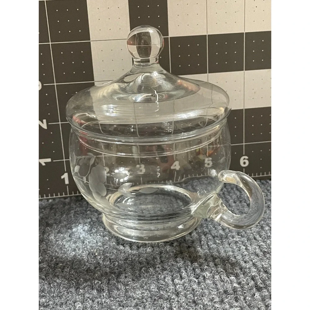 Vintage Etched Glass Jam Jar with Lid and Handle Clear Floral Condiment Server